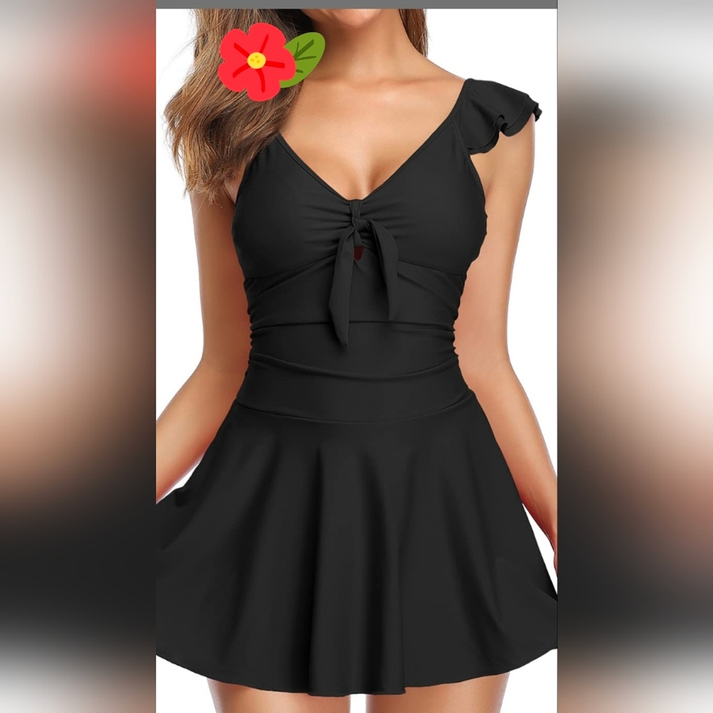 Black Ruffled One-Piece Swimsuit Large